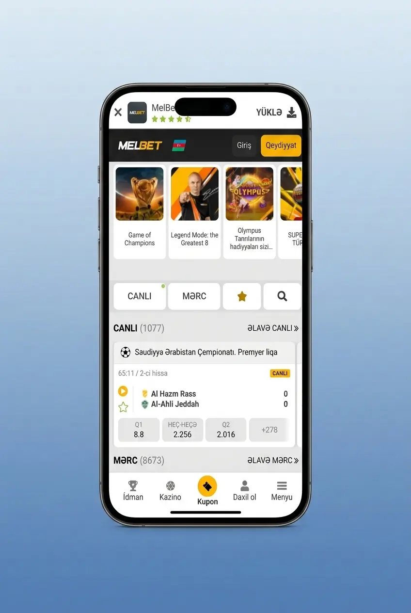 Melbet tətbiqində qeydiyyat addımları: mobil forma, Azərbaycan, valyuta və əlaqə məlumatları seçimi