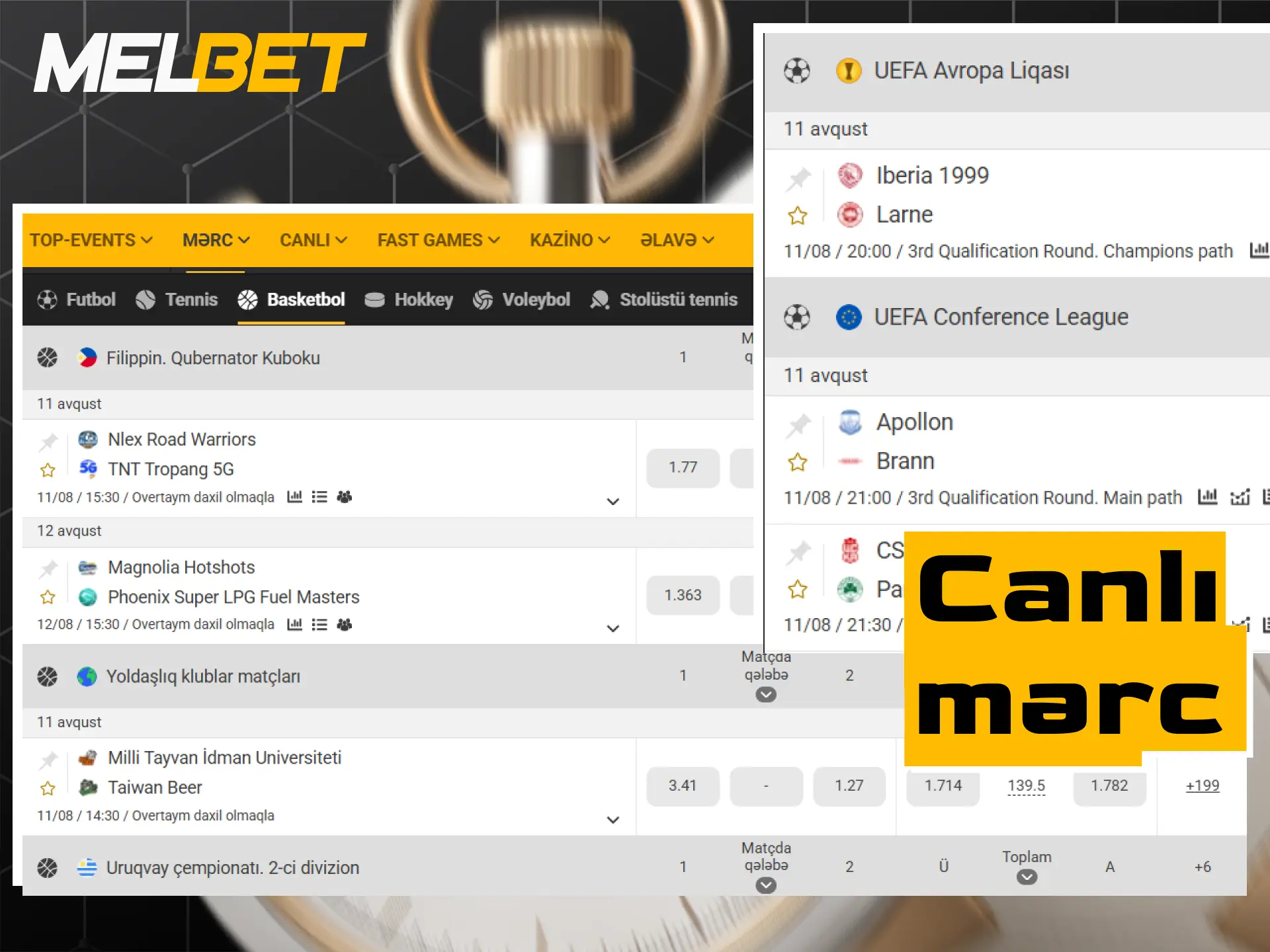 Real vaxt rejimində canlı idman mərcləri üçün Melbet Live bölməsi.
