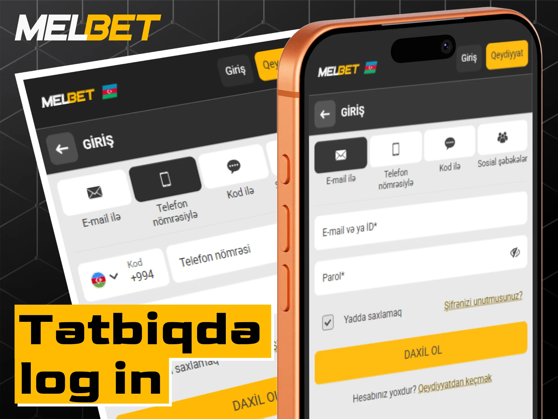 Melbet mobil tətbiqində hesaba daxil olmaq və log in prosesi.