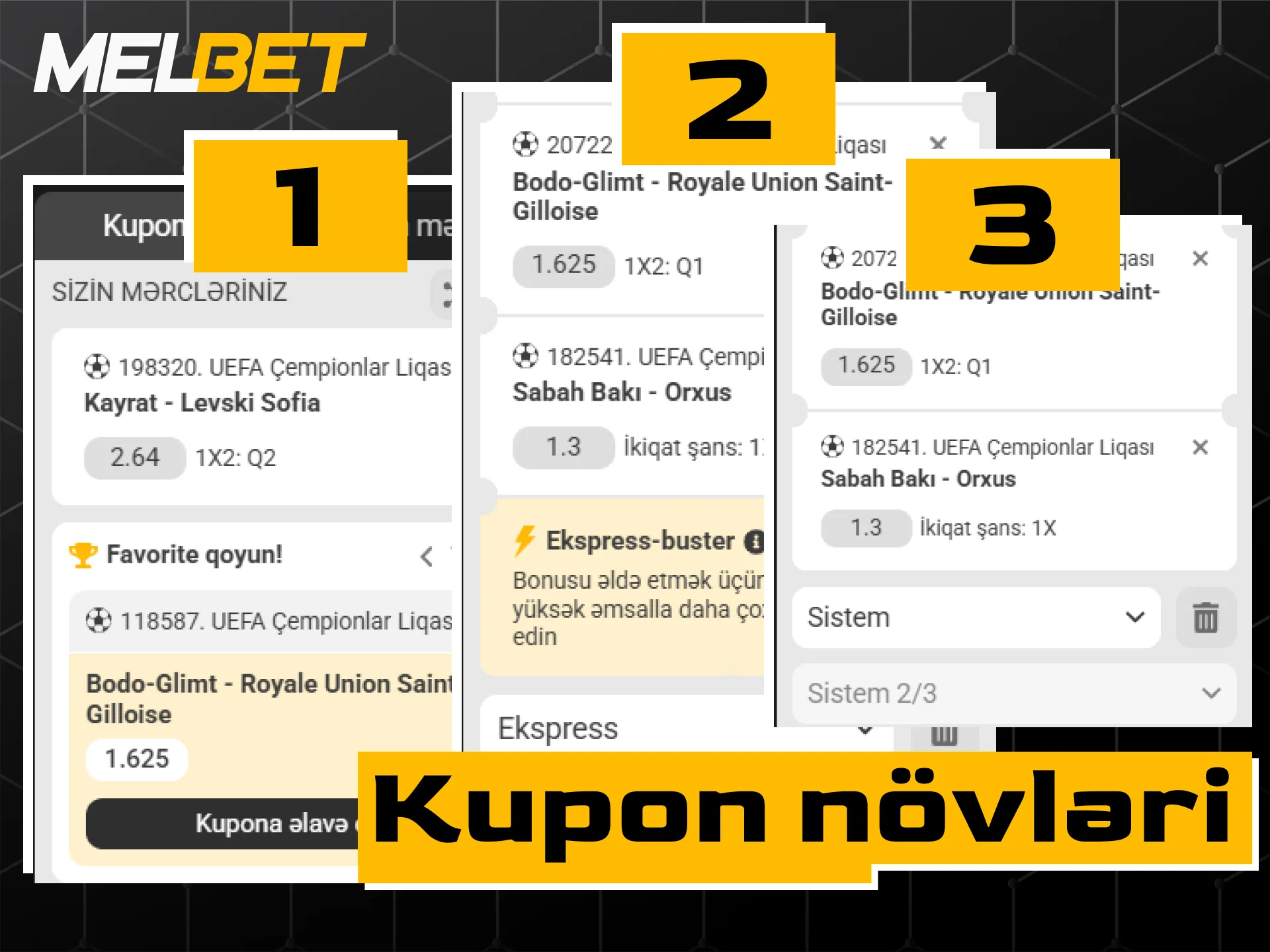 Melbet saytında tək, ekspress və sistem mərc kuponu növləri.