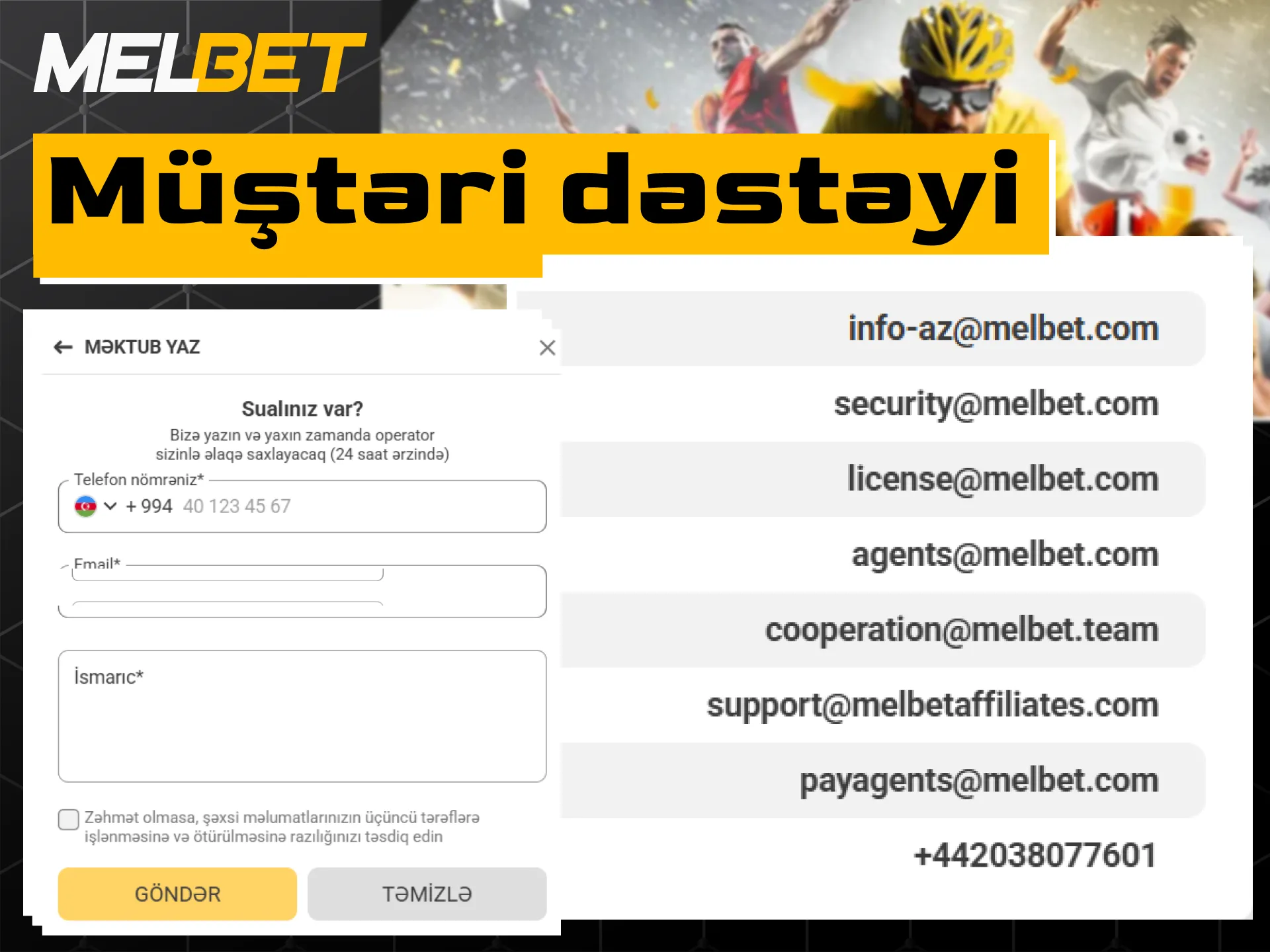 Melbet 24/7 müştəri dəstəyi xidməti və əlaqə vasitələri.