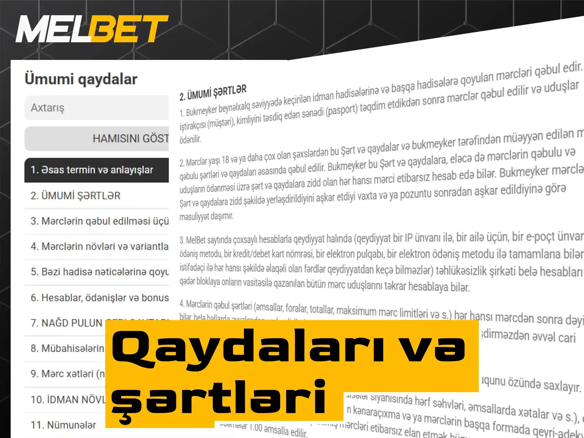Melbet istifadəçi razılaşması, ümumi qaydalar və şərtlər.