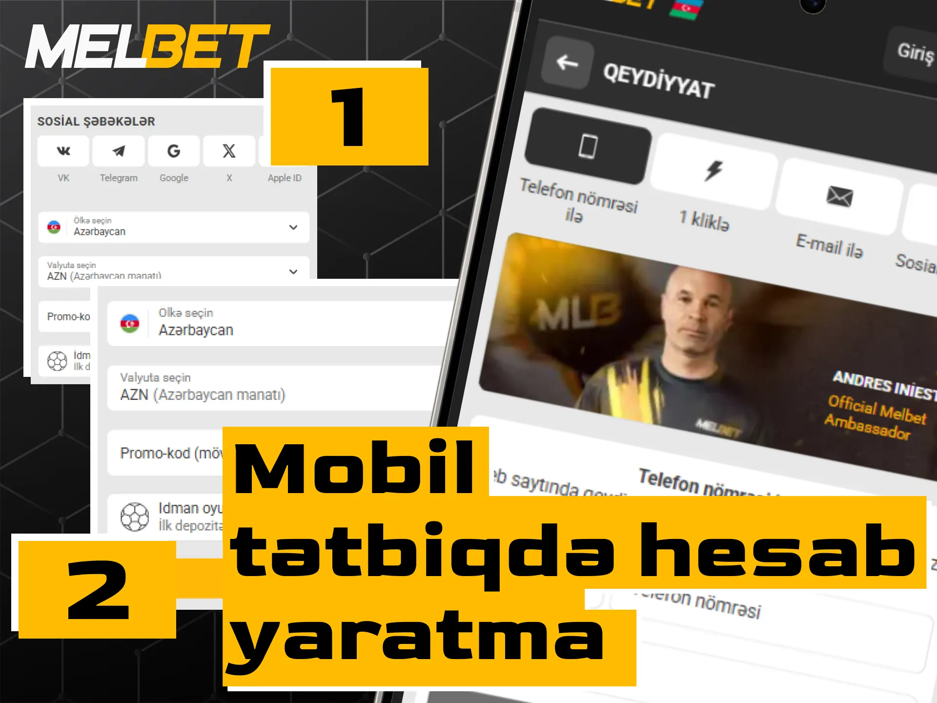 Melbet mobil tətbiqi vasitəsilə yeni istifadəçi hesabı yaratmaq prosesi.