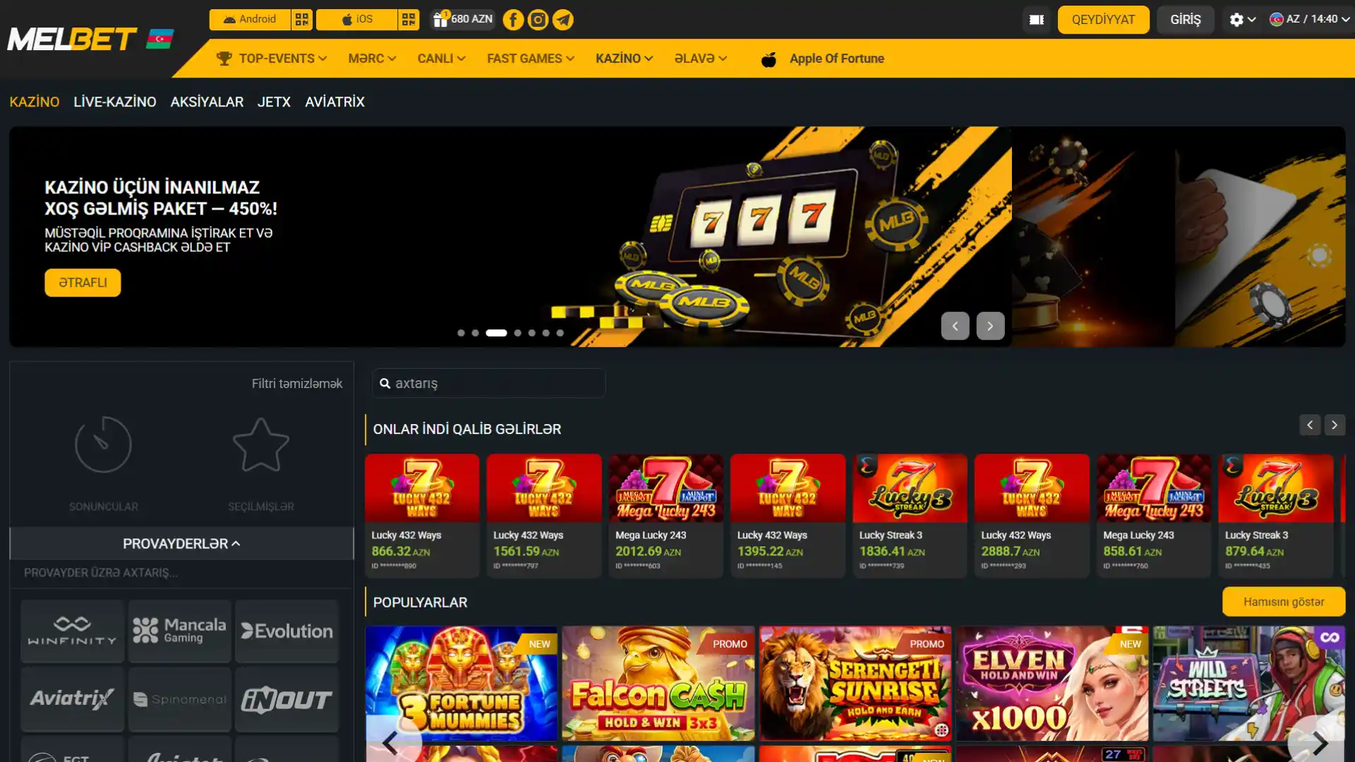 Melbet onlayn kazino bölməsi və məşhur slot oyunları kataloqu.
