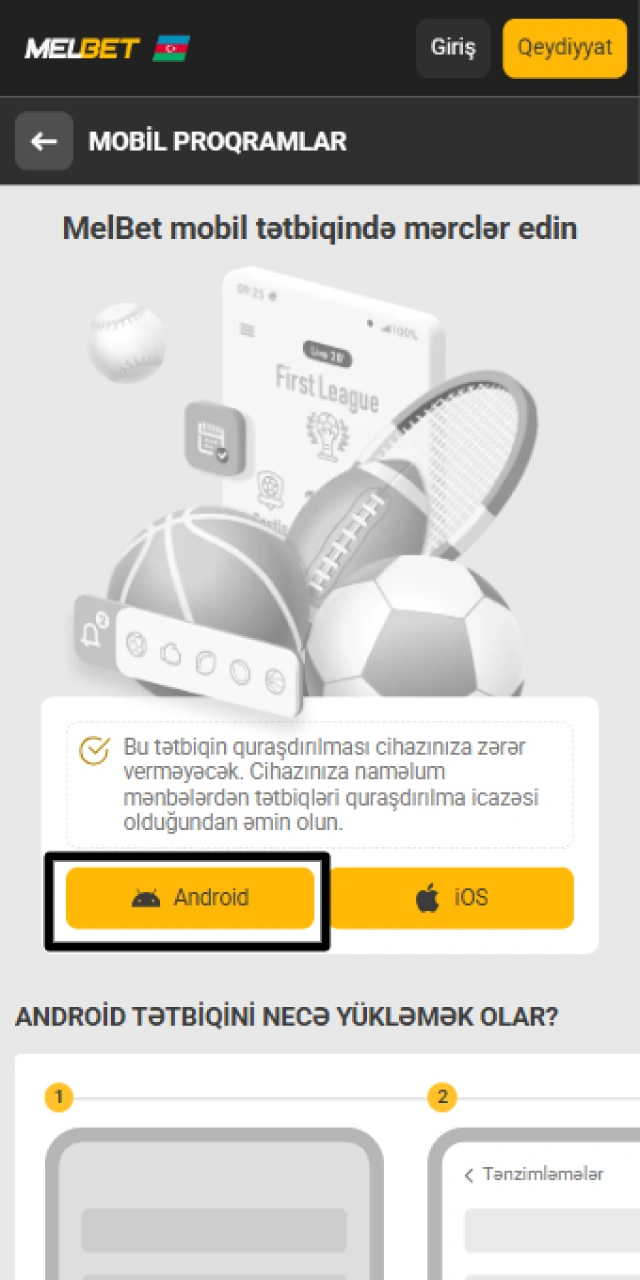 Melbet rəsmi saytında Android üçün APK faylını yükləmə düyməsini seçmək.