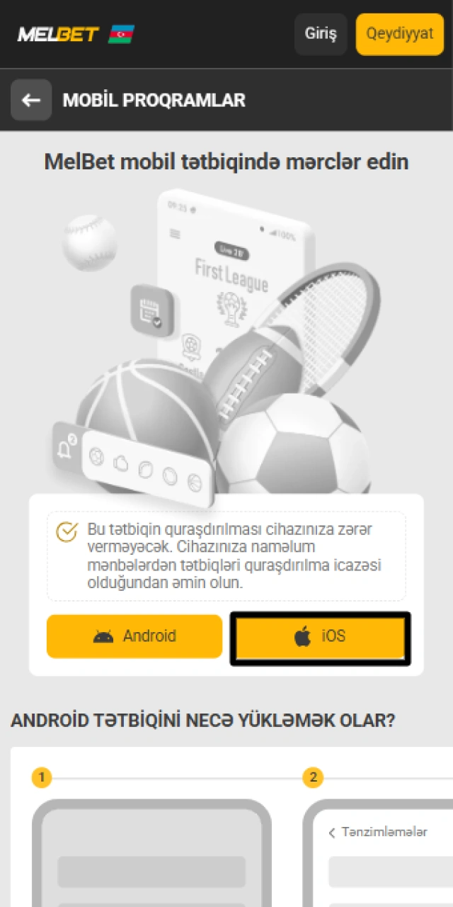 Melbet saytında iPhone və iPad üçün iOS yükləmə düyməsinə toxunmaq.