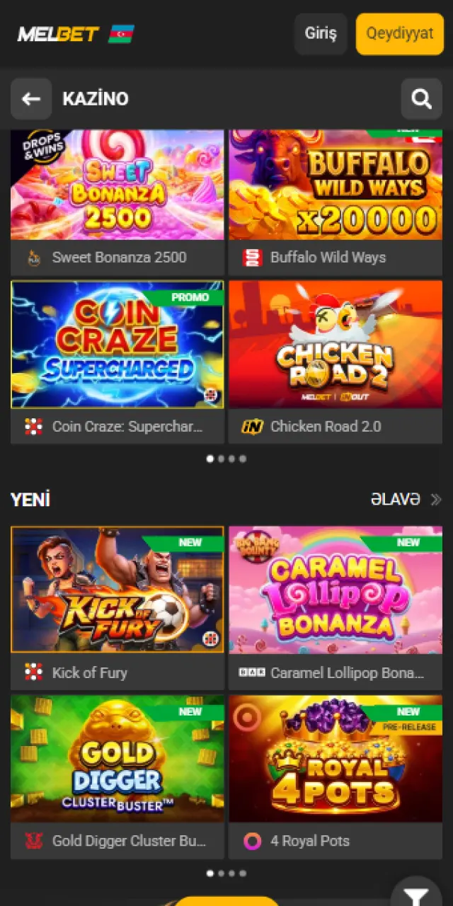 Melbet mobil kazino bölməsi və slot oyunları kataloqu.