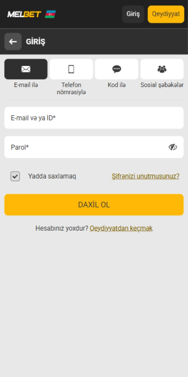 Melbet mobil proqramında şəxsi kabinetə daxil olmaq üçün təhlükəsiz giriş forması.