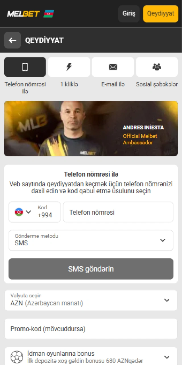 Melbet mobil tətbiqi vasitəsilə yeni hesabın qeydiyyatı və profil yaradılması.