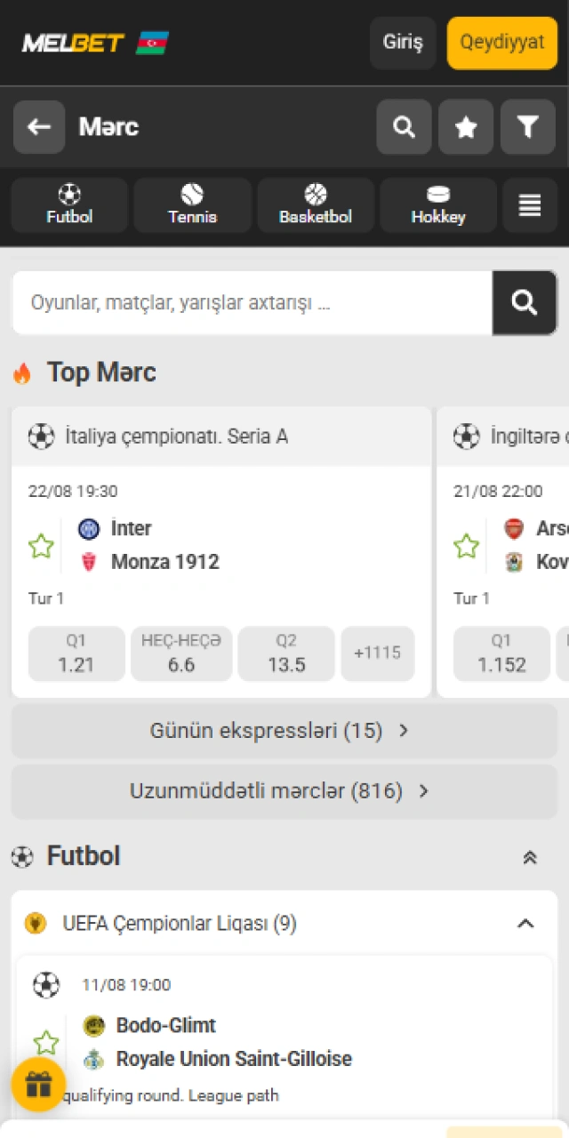 Melbet tətbiqində idman mərcləri xətti və canlı matçlar bölməsi.