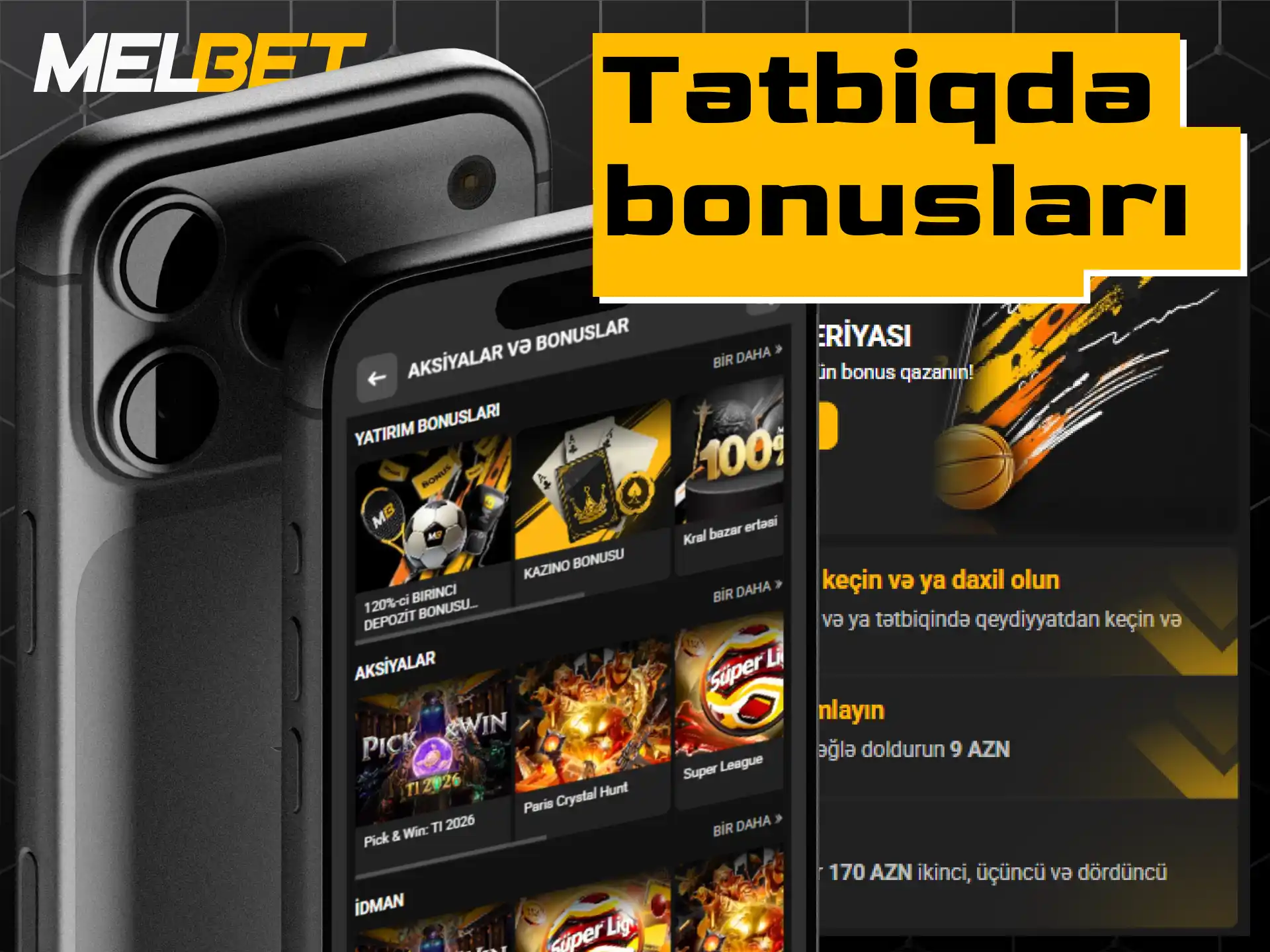 Melbet mobil tətbiqində yeni istifadəçilər üçün nəzərdə tutulmuş bonuslar.